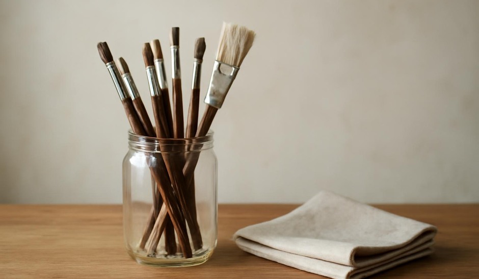 Brushes in a jar with a folded cloth nearby