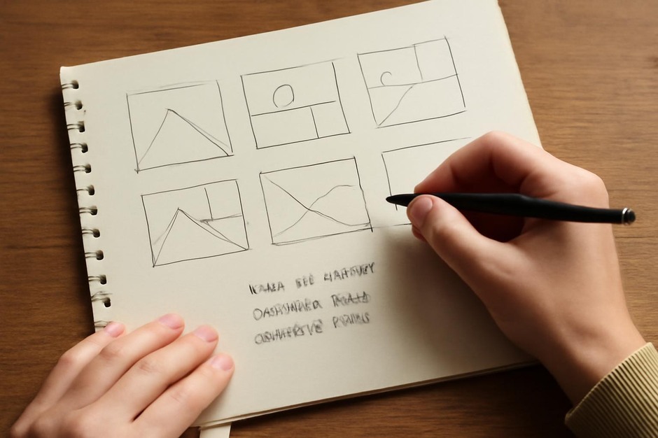 Paper with small thumbnail sketches and compositional notes