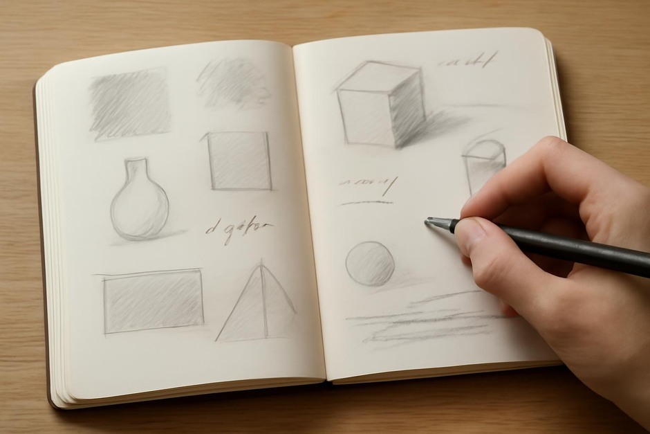 Open sketchbook with quick studies and notes