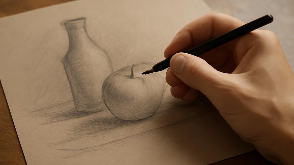 Hand holding pencil over toned paper drawing a still life