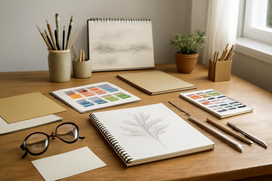 Abstract art desk with color swatches, brush marks, and sketchbook studies.