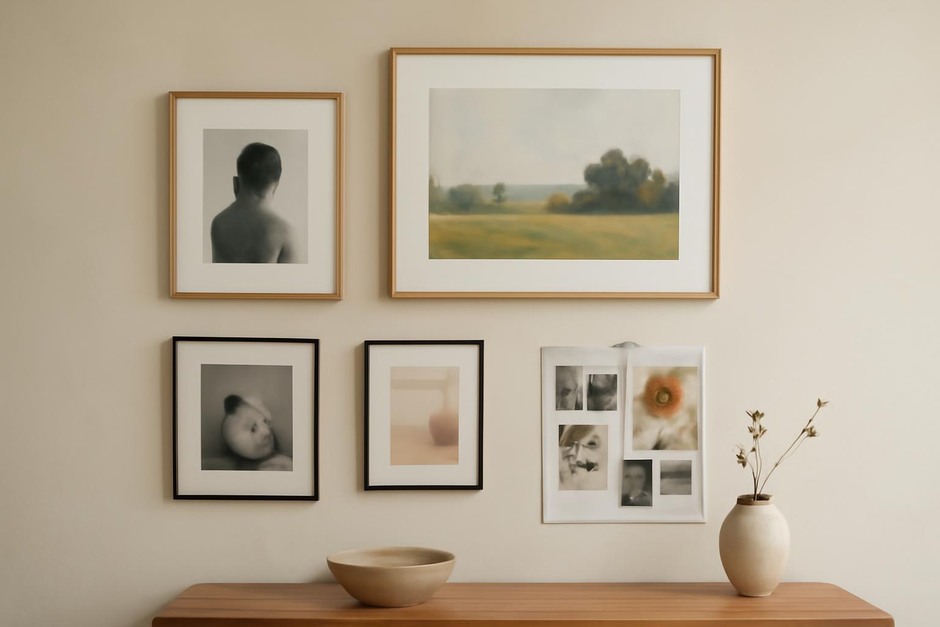 A small wall with diverse framed studies and printed images